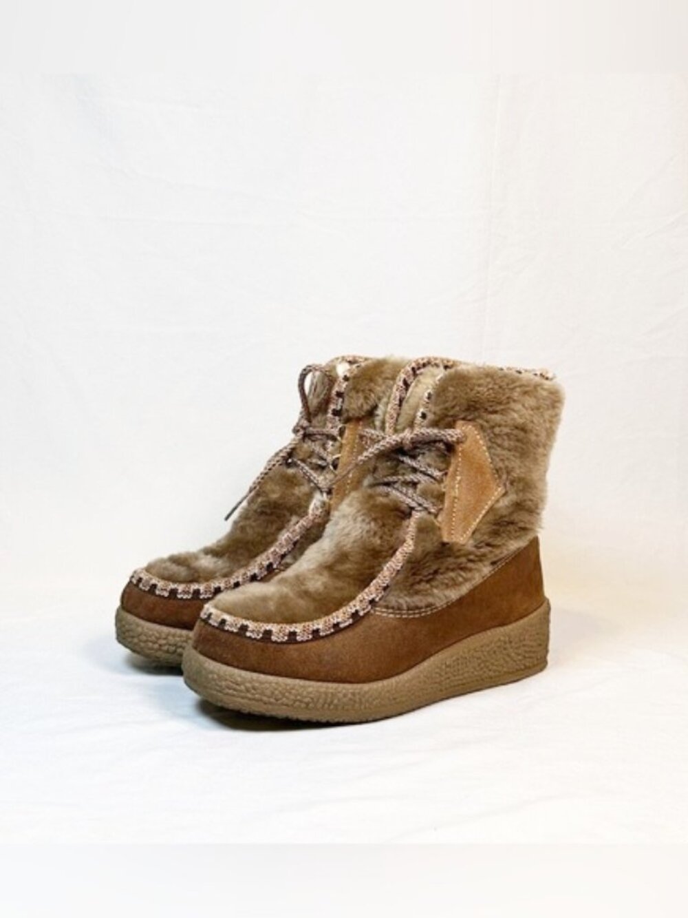 Vintage 70s Snow Land Brown Suede Faux Fur Wedge Eskimo Ankle Boots~8~USA